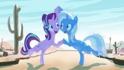 Size: 1024x576 | Tagged: safe, artist:grissaecrim, artist:raikoh, imported from derpibooru, starlight glimmer, trixie, pony, unicorn, road to friendship, cute, desert, diatrixes, duo, female, friendship chant, glimmerbetes, hooves together, mare, open mouth, saguaro cactus, scene interpretation