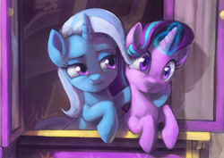 Size: 1024x723 | Tagged: safe, artist:grissaecrim, artist:raikoh, imported from derpibooru, starlight glimmer, trixie, pony, unicorn, road to friendship, cute, duo, female, glimmerbetes, glowing horn, looking at each other, magic, mare, scene interpretation, smiling, trixie's wagon, wagon, wrong eye color