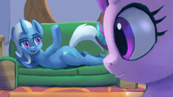 Size: 1024x576 | Tagged: safe, artist:grissaecrim, artist:raikoh, imported from derpibooru, starlight glimmer, trixie, pony, unicorn, road to friendship, couch, draw me like one of your french girls, duo, female, mare, open mouth, prone, scene interpretation, underhoof, wrong eye color