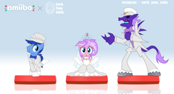 Size: 4649x2506 | Tagged: safe, artist:earth_pony_colds, imported from derpibooru, oc, oc:cherry bloom, oc:colds, oc:pigment, pony, amiibo, concept art, original art, parody, super mario odyssey