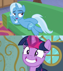 Size: 1280x1440 | Tagged: safe, edit, edited screencap, imported from derpibooru, screencap, trixie, twilight sparkle, pony, unicorn, road to friendship, top bolt, couch, draw me like one of your french girls, exploitable meme, female, lesbian, looking back, mare, meme, out of context, prone, shipping, sultry pose, this will end in snu snu, twixie