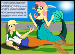 Size: 3080x2224 | Tagged: safe, artist:physicrodrigo, edit, editor:rmzero, imported from derpibooru, part of a set, applejack, fluttershy, mermaid, series:equestria mermaids, equestria girls, cellphone, clothes, cloud, coast, curse, cursed, day, denim skirt, dialogue, dress, mermaidized, ocean, part of a series, phone, skirt, smartphone, species swap, text, watermark