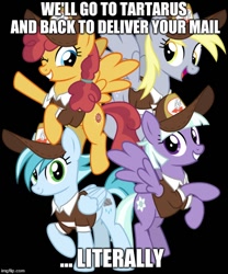 Size: 500x600 | Tagged: safe, artist:cheezedoodle96, edit, imported from derpibooru, appointed rounds, derpy hooves, rainy day, sunny delivery, pegasus, pony, school raze, the break up breakdown, black background, clothes, female, group, hat, image macro, mailmare, mailmare hat, mare, meme, quartet, simple background, uniform