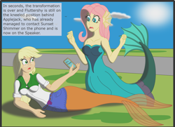 Size: 3080x2224 | Tagged: safe, artist:physicrodrigo, edit, editor:rmzero, imported from derpibooru, part of a set, applejack, fluttershy, mermaid, series:equestria mermaids, equestria girls, cellphone, clothes, cloud, coast, curse, cursed, day, dialogue, dress, implied sunset shimmer, mermaidized, ocean, part of a series, phone, smartphone, species swap, text