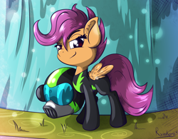 Size: 6251x4881 | Tagged: safe, artist:rainihorn, imported from derpibooru, scootaloo, pegasus, pony, the washouts (episode), absurd resolution, clothes, female, filly, helmet, looking at you, pint-sized dynamite, scene interpretation, smug, solo, uniform, washouts uniform