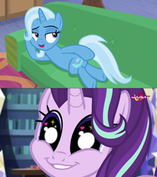 Size: 1280x1440 | Tagged: safe, imported from derpibooru, starlight glimmer, trixie, pony, unicorn, equestria girls, mirror magic, road to friendship, spoiler:eqg specials, couch, crossing the memes, draw me like one of your french girls, female, glimmie, heart eyes, lesbian, looking back, mare, meme, prone, shipping, startrix, sultry pose, wingding eyes