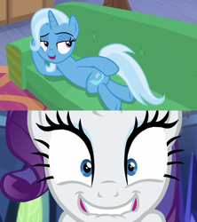 Size: 1280x1440 | Tagged: safe, imported from derpibooru, rarity, trixie, pony, unicorn, road to friendship, couch, draw me like one of your french girls, exploitable meme, female, lesbian, mare, meme, rarixie, shipping, sultry pose