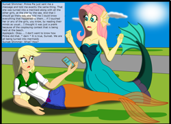 Size: 3080x2224 | Tagged: safe, artist:physicrodrigo, edit, editor:rmzero, imported from derpibooru, part of a set, applejack, fluttershy, mermaid, series:equestria mermaids, equestria girls, cellphone, clothes, cloud, coast, curse, cursed, day, dialogue, dress, implied pinkie pie, implied sunset shimmer, mermaidized, ocean, part of a series, phone, smartphone, species swap, text