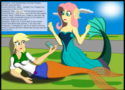 Size: 3080x2224 | Tagged: safe, artist:physicrodrigo, edit, editor:rmzero, imported from derpibooru, part of a set, applejack, fluttershy, mermaid, series:equestria mermaids, equestria girls, cellphone, clothes, cloud, coast, curse, cursed, day, dialogue, dress, funetik aksent, implied pinkie pie, implied sunset shimmer, implied twilight sparkle, mermaidized, ocean, part of a series, phone, smartphone, species swap, text