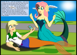 Size: 3080x2224 | Tagged: safe, artist:physicrodrigo, edit, editor:rmzero, imported from derpibooru, part of a set, applejack, fluttershy, mermaid, series:equestria mermaids, equestria girls, cellphone, clothes, cloud, coast, curse, cursed, day, dialogue, dress, implied pinkie pie, implied scootaloo, implied sunset shimmer, mermaidized, ocean, part of a series, phone, smartphone, species swap, text