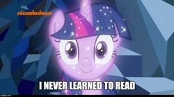 Size: 888x499 | Tagged: safe, edit, edited screencap, imported from derpibooru, screencap, twilight sparkle, pony, the maud couple, what lies beneath, dialogue, female, i never learned to read, image macro, mare, meme, nickelodeon, smiling, sparkles, treelight sparkle