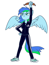 Size: 2953x3898 | Tagged: safe, artist:earth_pony_colds, imported from derpibooru, oc, oc only, oc:morning blast, anthro, female, kielbasa, original art, rule 63, solo, tracksuit