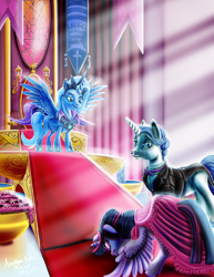 Size: 2153x2786 | Tagged: safe, artist:amalgamzaku, imported from derpibooru, fancypants, trixie, twilight sparkle, alicorn, pony, unicorn, fanfic:off the mark, alicornified, bowing, canterlot castle, clothes, crepuscular rays, dress, fake alicorn, fake wings, fanfic, fanfic art, female, jewelry, kneeling, lidded eyes, male, mare, race swap, regalia, smug, spread wings, stallion, throne, throne room, trixiecorn, twilight sparkle (alicorn), wings