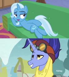 Size: 1280x1440 | Tagged: safe, edit, edited screencap, imported from derpibooru, screencap, hoo'far, trixie, pony, saddle arabian, unicorn, road to friendship, couch, draw me like one of your french girls, exploitable meme, female, looking back, male, mare, meme, prone, shipping, shipping domino, stallion, straight, sultry pose, trixfar