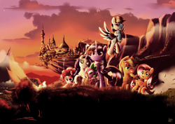 Size: 7016x4961 | Tagged: safe, artist:ruhisu, imported from derpibooru, applejack, fluttershy, pinkie pie, rainbow dash, rarity, spike, twilight sparkle, alicorn, dragon, earth pony, pegasus, pony, unicorn, absurd resolution, canterlot, group, mane seven, mane six, open mouth, raised hoof, scenery, twilight sparkle (alicorn), winged spike, wings