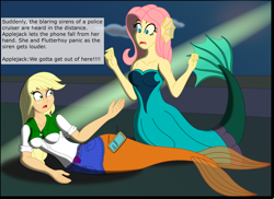 Size: 3056x2230 | Tagged: safe, artist:physicrodrigo, edit, editor:rmzero, imported from derpibooru, part of a set, applejack, fluttershy, mermaid, series:equestria mermaids, equestria girls, cellphone, clothes, cloud, coast, curse, cursed, day, dialogue, dress, implied police officer, mermaidized, ocean, part of a series, phone, smartphone, species swap, text