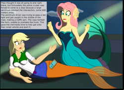 Size: 3056x2230 | Tagged: safe, artist:physicrodrigo, edit, editor:rmzero, imported from derpibooru, part of a set, applejack, fluttershy, mermaid, series:equestria mermaids, equestria girls, cellphone, clothes, cloud, coast, curse, cursed, day, deus ex machina, dialogue, dress, implied police officer, mermaidized, ocean, part of a series, phone, smartphone, species swap, text