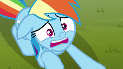 Size: 1280x720 | Tagged: safe, imported from derpibooru, screencap, rainbow dash, pegasus, pony, the washouts (episode), female, mare, scared, solo