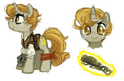 Size: 636x420 | Tagged: safe, artist:tsurime, imported from derpibooru, oc, oc only, oc:grace, pony, unicorn, fallout equestria, fallout equestria: begin again, clothes, cutie mark, energy weapon, fanfic, fanfic art, female, gun, hooves, horn, laser rifle, looking at you, magic, magical energy weapon, mare, pipbuck, simple background, smiling, solo, telekinesis, weapon, white background