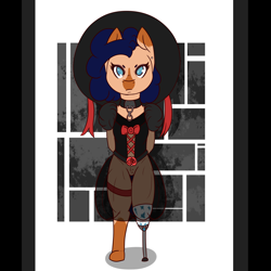 Size: 2000x2000 | Tagged: safe, artist:lazerblues, imported from derpibooru, oc, oc only, oc:heartspring, pony, abstract background, amputee, clothes, collar, female, hat, looking at you, peg leg, prosthetic leg, prosthetic limb, prosthetics, see-through, solo