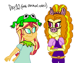 Size: 2000x1643 | Tagged: safe, artist:ktd1993, imported from derpibooru, adagio dazzle, sunset shimmer, equestria girls, 30 day otp challenge, animal ears, female, kermit the frog, lesbian, miss piggy, shipping, simple background, sunsagio, transparent background