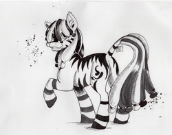 Size: 1927x1516 | Tagged: safe, artist:ellisarts, imported from derpibooru, oc, oc only, oc:ruzeth, pony, zebra, butt, leonine tail, male, monochrome, plot, raised hoof, solo, stallion, traditional art, zebra oc