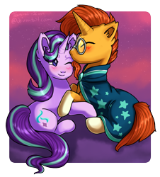 Size: 1391x1538 | Tagged: safe, artist:tears-of-xion, imported from derpibooru, starlight glimmer, sunburst, pony, unicorn, blushing, clothes, coat markings, female, glasses, kissing, male, one eye closed, raffle prize, shipping, simple background, socks (coat marking), socks (coat markings), starburst, straight, transparent background