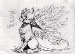 Size: 2355x1717 | Tagged: safe, artist:thekuto, imported from derpibooru, oc, oc only, oc:gyro feather, oc:gyro tech, griffon, griffonized, male, monochrome, sitting, solo, species swap, traditional art