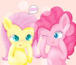 Size: 1280x1097 | Tagged: safe, artist:zoxriver503, imported from derpibooru, fluttershy, pinkie pie, pony, :p, blushing, colored pupils, cute, diapinkes, female, hooves on cheeks, mare, one eye closed, pictogram, shyabetes, smiling, speech bubble, squishy, squishy cheeks, tongue out