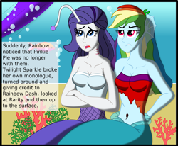 Size: 2341x1925 | Tagged: safe, artist:physicrodrigo, edit, editor:rmzero, imported from derpibooru, part of a set, rainbow dash, rarity, twilight sparkle, alicorn, mermaid, series:equestria mermaids, equestria girls, belly button, clothes, coral, curse, cursed, dialogue, dress, implied pinkie pie, mermaidized, midriff, ocean, part of a series, species swap, text, twilight sparkle (alicorn)