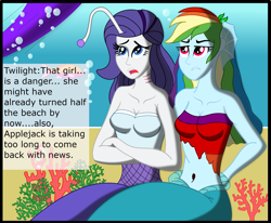 Size: 2341x1925 | Tagged: safe, artist:physicrodrigo, edit, editor:rmzero, imported from derpibooru, part of a set, rainbow dash, rarity, twilight sparkle, alicorn, mermaid, series:equestria mermaids, equestria girls, belly button, clothes, coral, curse, cursed, dialogue, dress, implied applejack, implied pinkie pie, mermaidized, midriff, ocean, part of a series, species swap, text, twilight sparkle (alicorn)