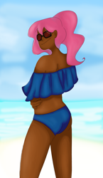 Size: 1894x3267 | Tagged: safe, artist:thewiselama, imported from derpibooru, pinkie pie, human, beach, clothes, dark skin, female, humanized, simple background, solo, swimsuit