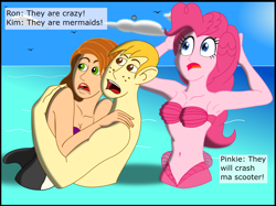 Size: 2719x2035 | Tagged: safe, artist:physicrodrigo, edit, editor:rmzero, imported from derpibooru, part of a set, pinkie pie, mermaid, series:equestria mermaids, equestria girls, armpits, belly button, chara, cloud, crossover, curse, cursed, day, dialogue, female, hug, kim possible, male, mermaidized, midriff, ocean, part of a series, ron stoppable, shipping, species swap, straight, text, this will not end well, wat