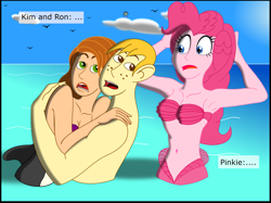 Size: 2719x2031 | Tagged: safe, artist:physicrodrigo, edit, editor:rmzero, imported from derpibooru, part of a set, pinkie pie, mermaid, series:equestria mermaids, equestria girls, armpits, belly button, chara, cloud, crossover, curse, cursed, day, dialogue, female, hug, kim possible, male, mermaidized, midriff, ocean, part of a series, ron stoppable, shipping, species swap, straight, text, this will not end well