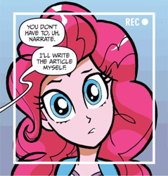 Size: 410x428 | Tagged: safe, idw, imported from derpibooru, pinkie pie, equestria girls, spoiler:comic, camera, camera shot, cute, female, head tilt, recording, solo, speech