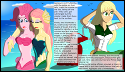 Size: 2962x1721 | Tagged: safe, artist:physicrodrigo, edit, editor:rmzero, imported from derpibooru, part of a set, applejack, fluttershy, pinkie pie, bird, mermaid, series:equestria mermaids, equestria girls, arm behind head, belly button, cloud, crash, curse, cursed, day, dialogue, fainted, female, gills, implied police officer, mermaidized, ocean, part of a series, reference, scooter, species swap, text, this will not end well