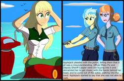 Size: 4380x2851 | Tagged: safe, artist:physicrodrigo, edit, editor:rmzero, imported from derpibooru, part of a set, applejack, cloudchaser, copper top, misty fly, bird, mermaid, series:equestria mermaids, equestria girls, arm behind head, cloud, crash, curse, cursed, day, dialogue, equestria girls-ified, female, gun, handgun, mermaidized, ocean, part of a series, pistol, police, police officer, reference, scooter, species swap, text, this will not end well, trio, trio female, weapon