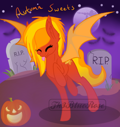 Size: 870x919 | Tagged: safe, artist:kaifloof, artist:th3bluerose, deleted from derpibooru, imported from derpibooru, oc, oc:autumn sweets, bat pony, adoptable, adoptable open, base used, eyes closed, female, gravestone, halloween, holiday, jack-o-lantern, mare, obtrusive watermark, open adopt, pumpkin, solo, tongue out, watermark