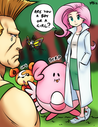 Size: 1041x1347 | Tagged: safe, artist:megasweet, color edit, colorist:ironhades, edit, imported from derpibooru, fluttershy, beautifly, blissey, human, teddiursa, capcom, colored, crossover, guile, humanized, pokémon, pokémon black and white, professor juniper, street fighter