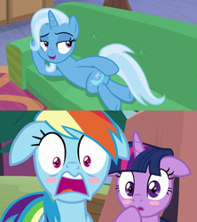Size: 1280x1440 | Tagged: safe, edit, edited screencap, imported from derpibooru, screencap, rainbow dash, trixie, twilight sparkle, alicorn, pegasus, pony, unicorn, road to friendship, the washouts (episode), blush sticker, blushing, comic, couch, draw me like one of your french girls, female, floppy ears, implied threesome, lesbian, looking back, mare, prone, screencap comic, shipping, trixdash, twilight sparkle (alicorn), twixie