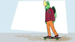 Size: 1280x720 | Tagged: safe, artist:omegapex, imported from derpibooru, oc, oc only, oc:omega, anthro, pegasus, big hair, blue eyes, clothes, longboard, skateboard, solo, sweater, wings