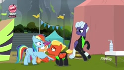 Size: 1920x1080 | Tagged: safe, imported from derpibooru, screencap, rainbow dash, rolling thunder, scootaloo, short fuse, pegasus, pony, the washouts (episode), bandage, clothes, discovery family logo, female, male, mare, sitting, stallion, uniform, washouts uniform, wing hands, wing shake, wingshake