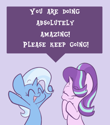 Size: 1280x1450 | Tagged: safe, artist:typhwosion, imported from derpibooru, starlight glimmer, trixie, pony, unicorn, cute, dialogue, diatrixes, duo, eyes closed, female, glimmerbetes, mare, motivational, positive ponies, purple background, simple background, wholesome