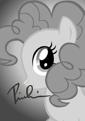 Size: 5000x7100 | Tagged: safe, artist:dzejpi, imported from derpibooru, pinkie pie, pony, absurd resolution, autograph, black and white, bust, female, grayscale, monochrome, photo, portrait, poster, solo, vector