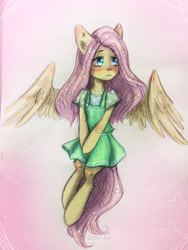 Size: 2976x3968 | Tagged: safe, artist:zefirka, imported from derpibooru, fluttershy, anthro, semi-anthro, blush sticker, blushing, clothes, dress, female, flower, flower in hair, looking away, solo, spread wings, traditional art, wings