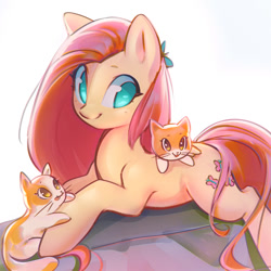 Size: 1125x1125 | Tagged: safe, artist:mirroredsea, imported from derpibooru, fluttershy, cat, pegasus, pony, cute, female, kitten, mare, no pupils, prone, shyabetes, solo, tongue out