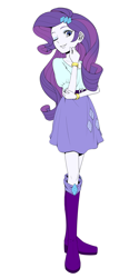 Size: 1500x3000 | Tagged: safe, artist:jud, imported from derpibooru, rarity, equestria girls, boots, bracelet, clothes, female, jewelry, looking at you, one eye closed, shirt, shoes, simple background, skirt, smiling, solo, white background, wink