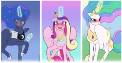 Size: 2419x1250 | Tagged: safe, artist:arareroll, imported from derpibooru, princess cadance, princess celestia, princess luna, alicorn, pony, alicorn triarchy, blushing, cute, female, floppy ears, glowing horn, levitation, magic, open mouth, pregdance, preglestia, pregluna, pregnancy test, pregnant, raised hoof, shocked, surprised, telekinesis, trio