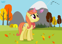 Size: 4060x2868 | Tagged: safe, artist:ironm17, imported from derpibooru, citrus blush, bird, pony, autumn, clothes, female, kite, leaf, magic, magic aura, scarf, smiling, solo, tree