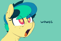 Size: 1063x721 | Tagged: safe, artist:shinodage, imported from derpibooru, oc, oc only, oc:apogee, pegasus, pony, amazed, bust, dialogue, female, filly, green background, jaw drop, open mouth, reaction image, simple background, solo, starry eyes, stars, wingding eyes, wow